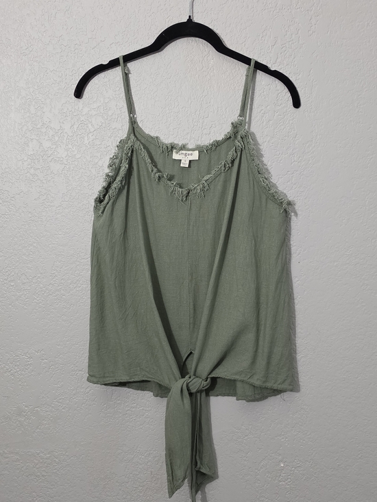 Umgee Tops - Umgee Olive Green Linen Blend Fringe-Trim Tie-Front Camisole Tank Womens Small